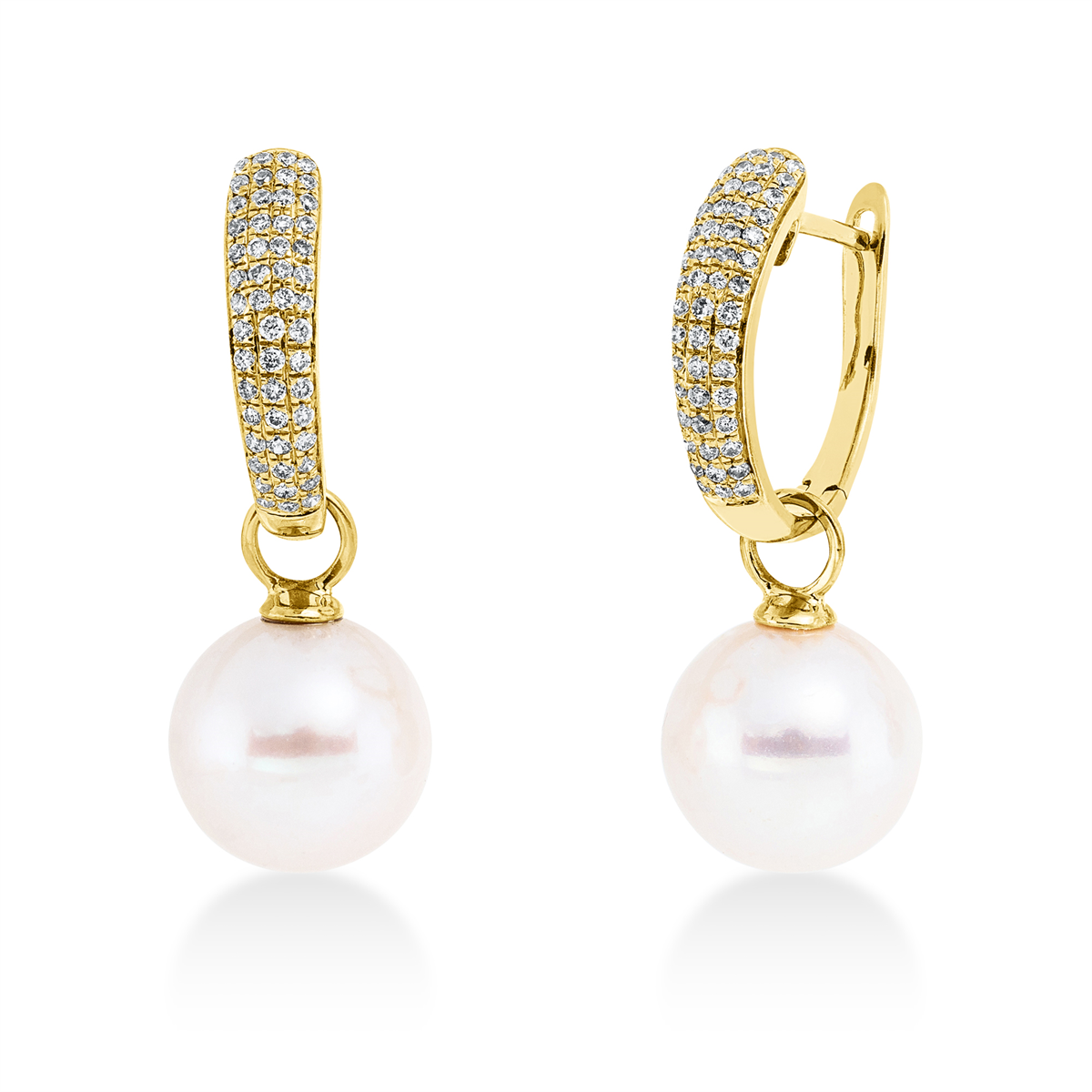 diamond full cut  pearl earrings in yellow gold