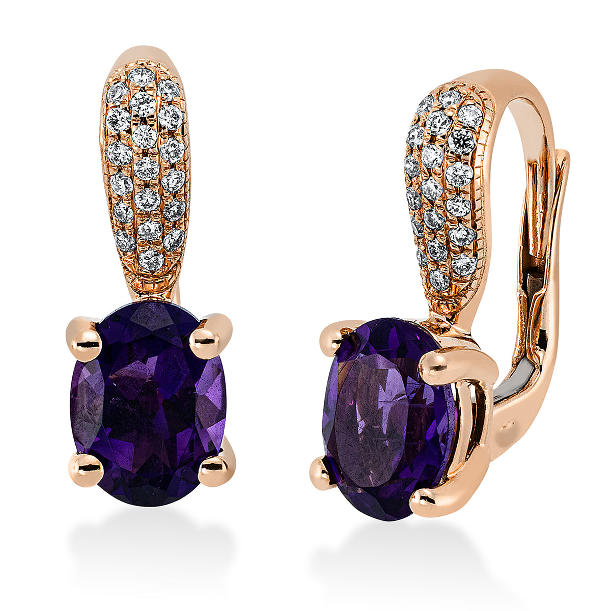 diamond full cut amethyst colored stone fashion earrings in red gold