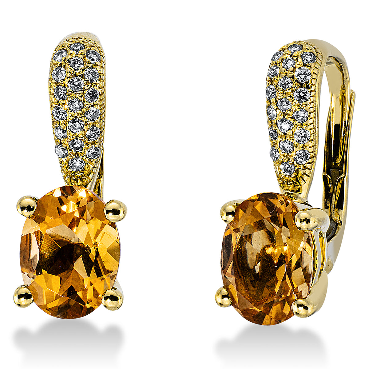 diamond full cut citrine colored stone fashion earrings in yellow gold