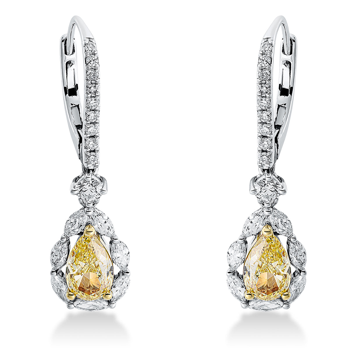 marquise  fancy colored diamond earrings in white gold / yellow gold