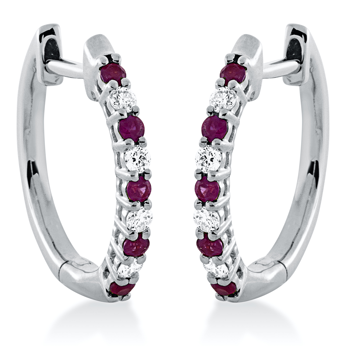 diamond full cut ruby colored stone classic hoops & huggies in white gold