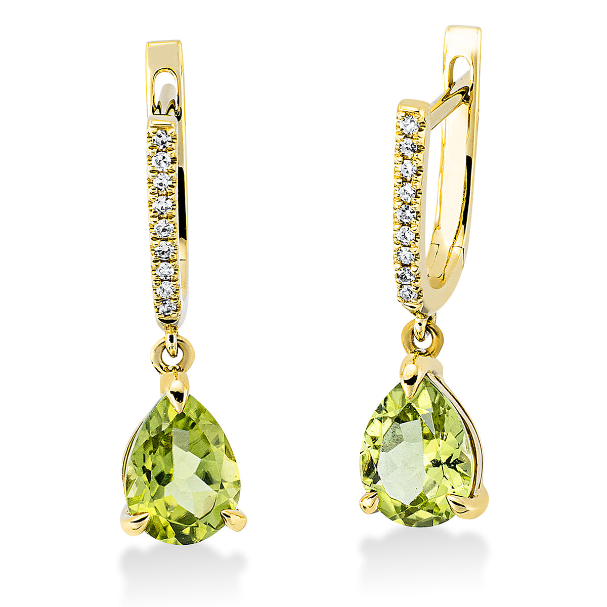 diamond single cut peridot colored stone fashion earrings in yellow gold