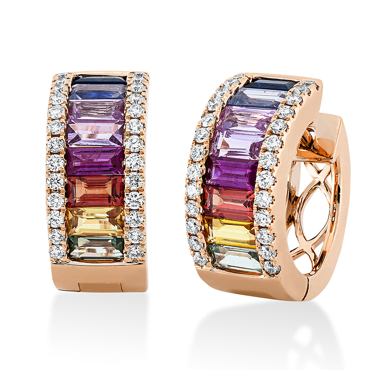 diamond full cut sapphire rainbow & multicolor hoops & huggies in red gold