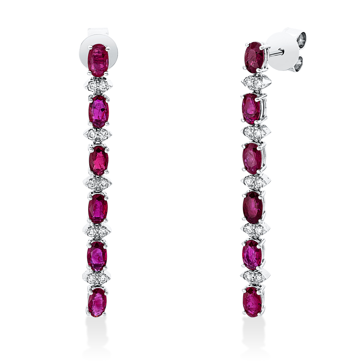 diamond full cut ruby colored stone classic earrings in white gold