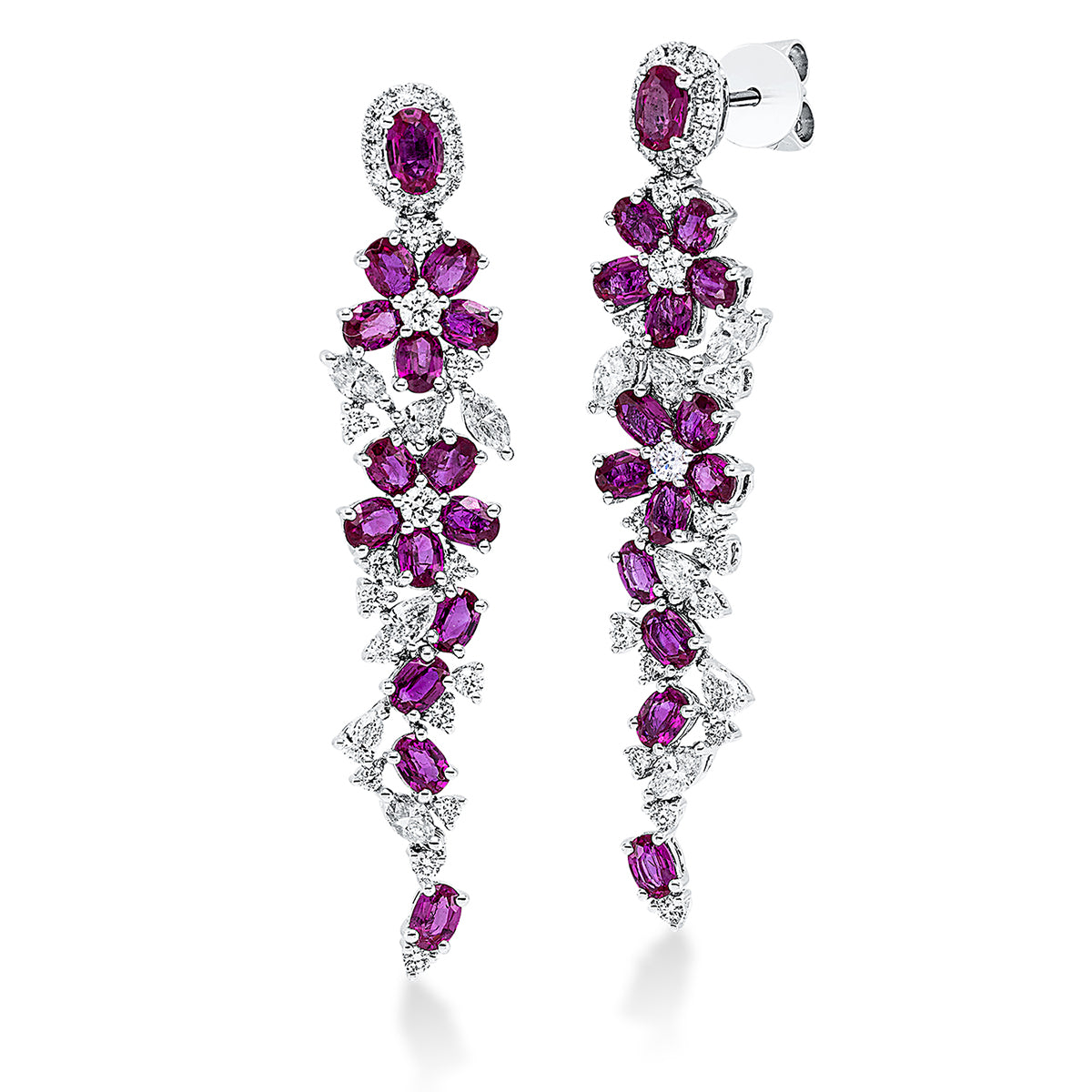 diamond full cut ruby colored stone classic earrings in white gold
