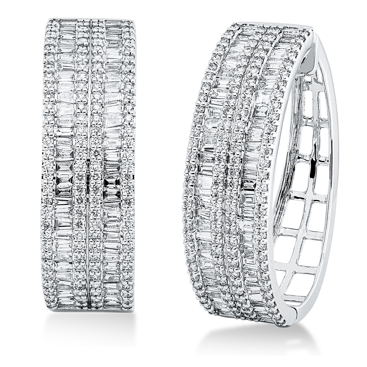 diamond full cut  baguette hoops & huggies in white gold