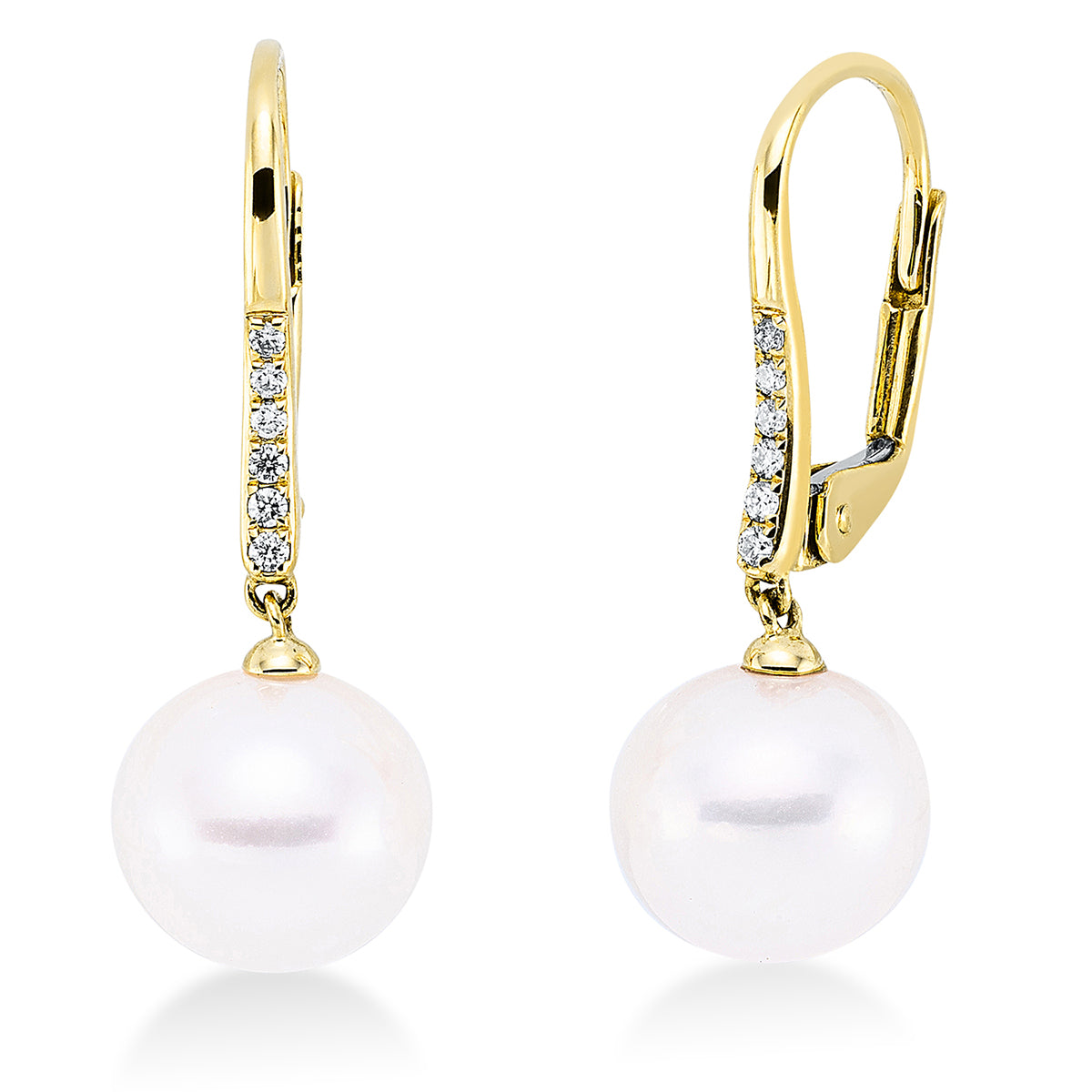 diamond full cut  pearl earrings in yellow gold