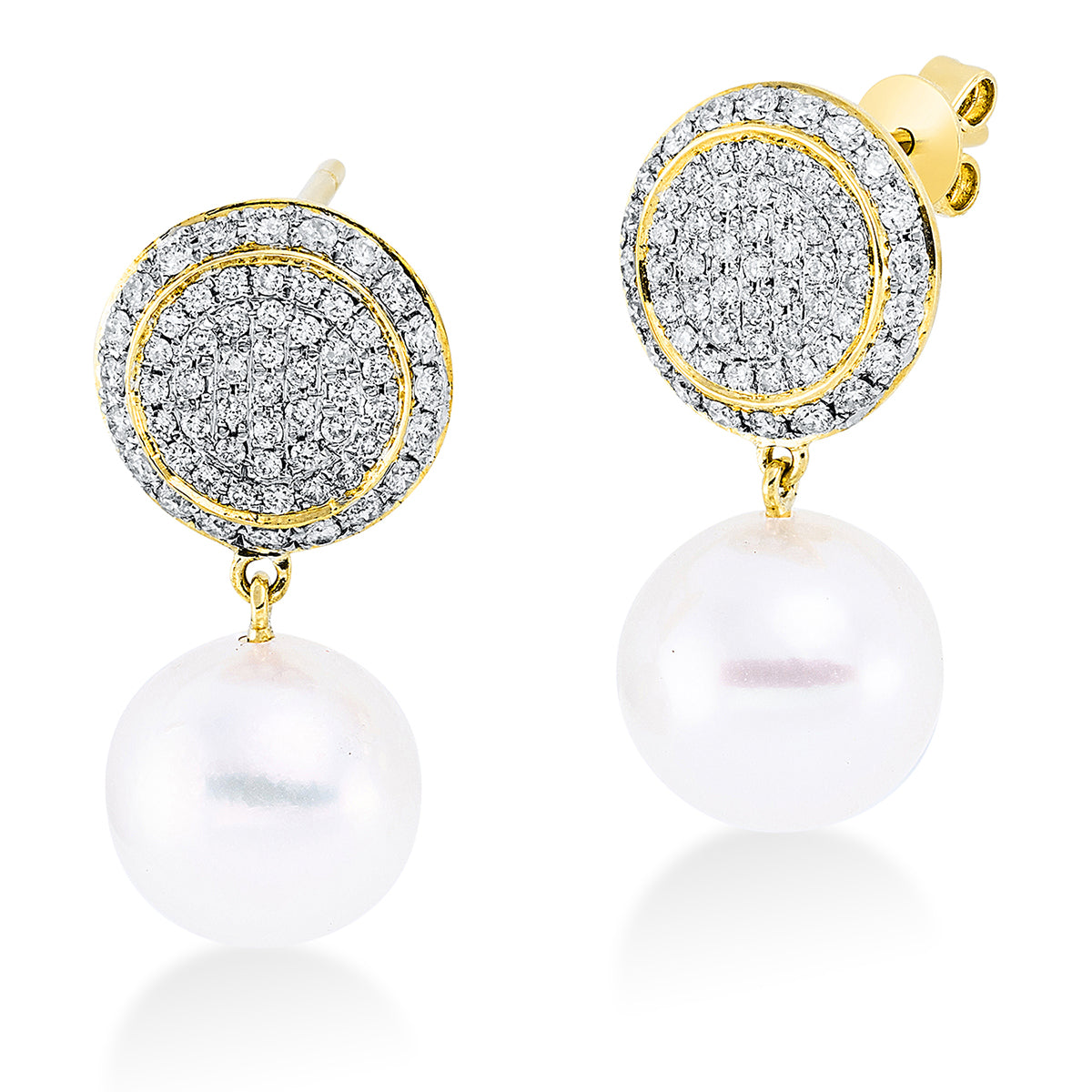 diamond full cut  pearl earrings in yellow gold