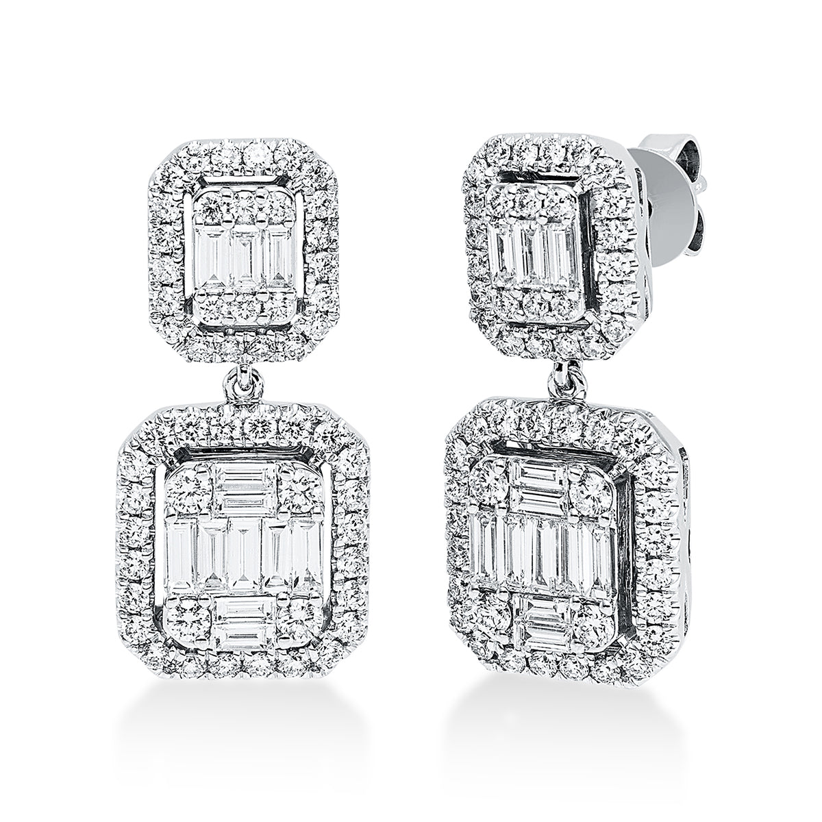 diamond full cut  baguette illusion earrings in white gold