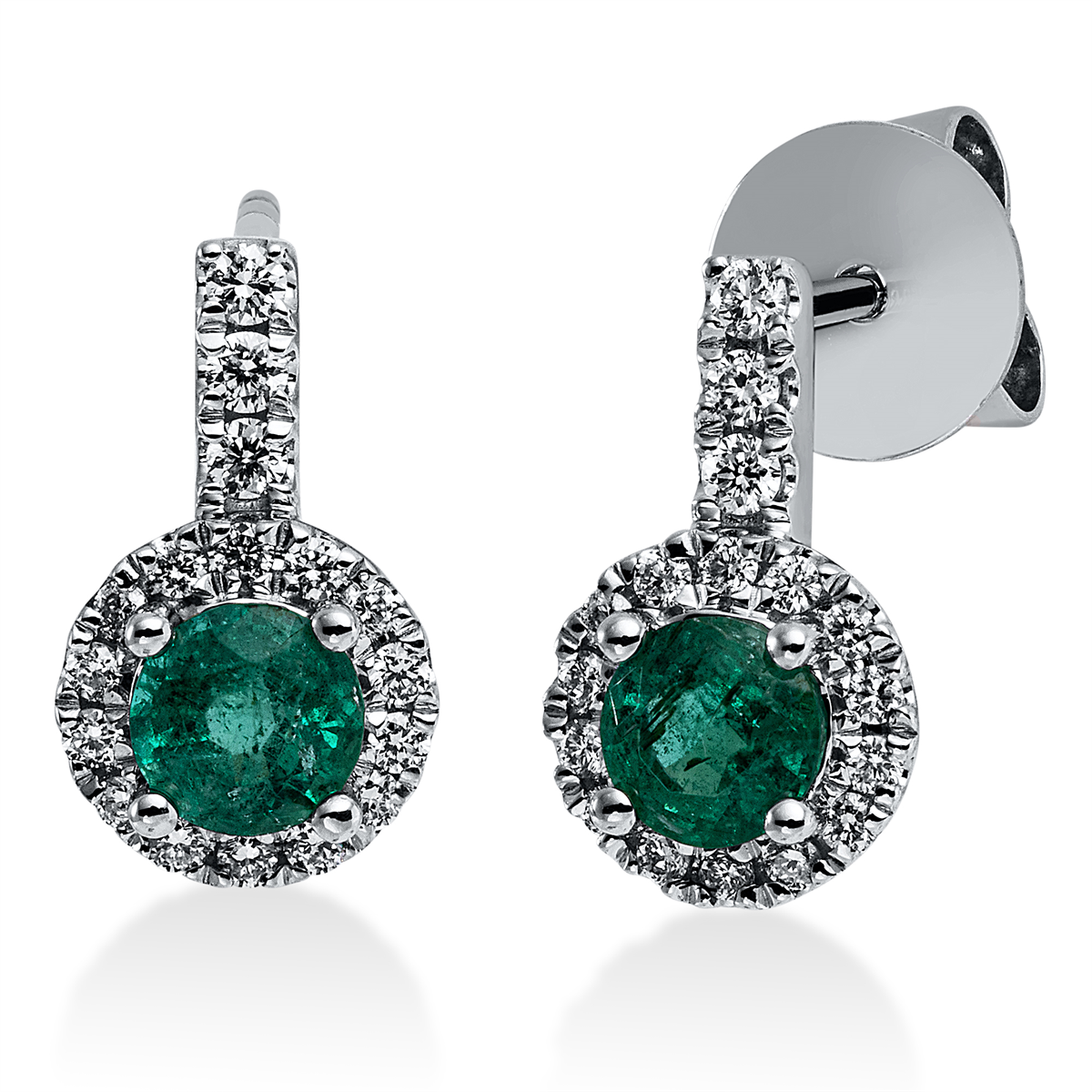 diamond full cut emerald colored stone classic studs in white gold