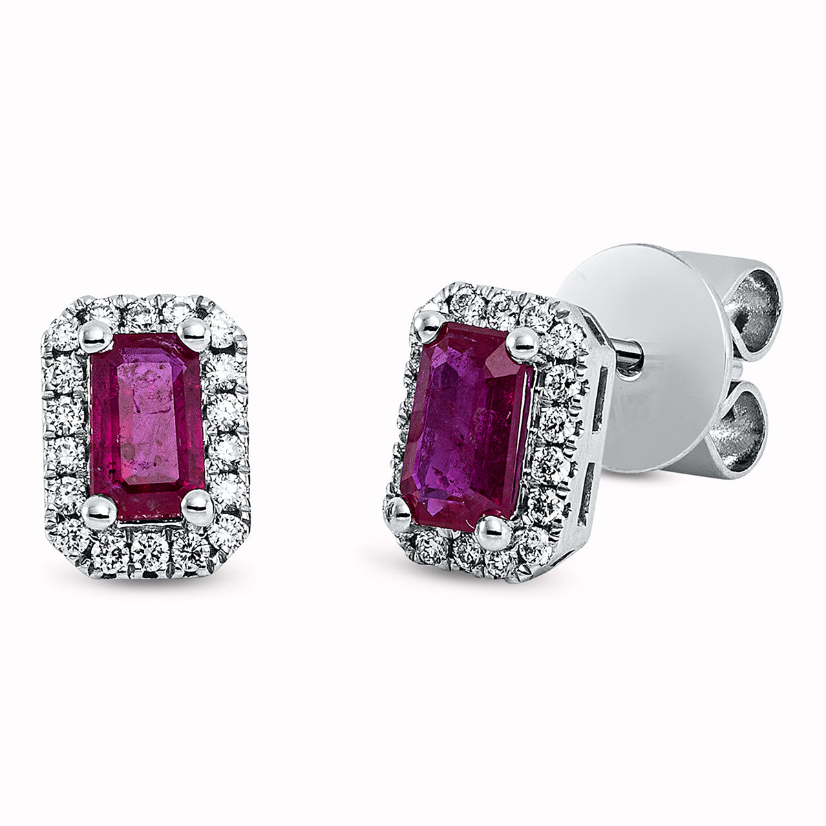 diamond full cut ruby colored stone classic studs in white gold
