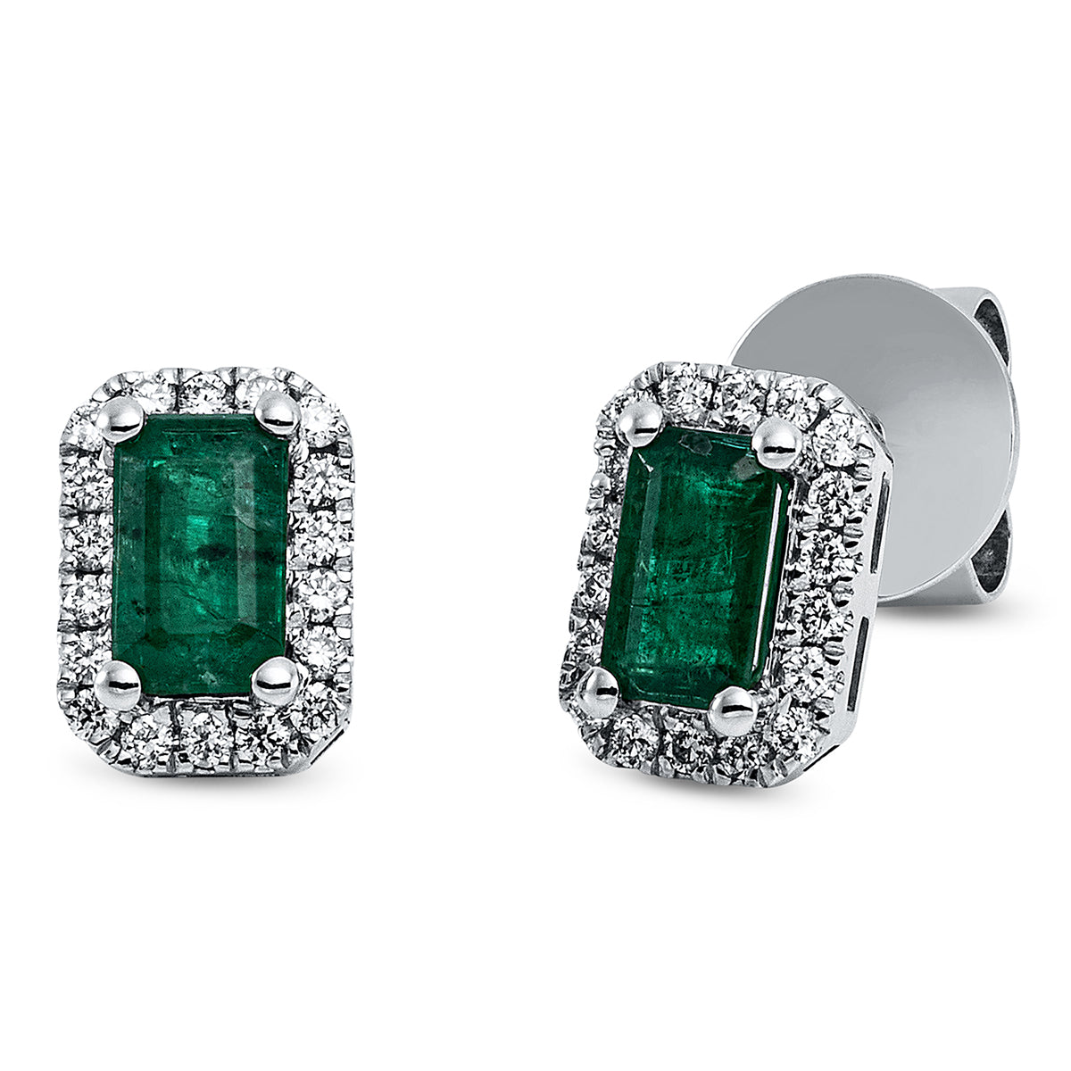 diamond full cut emerald colored stone classic studs in white gold
