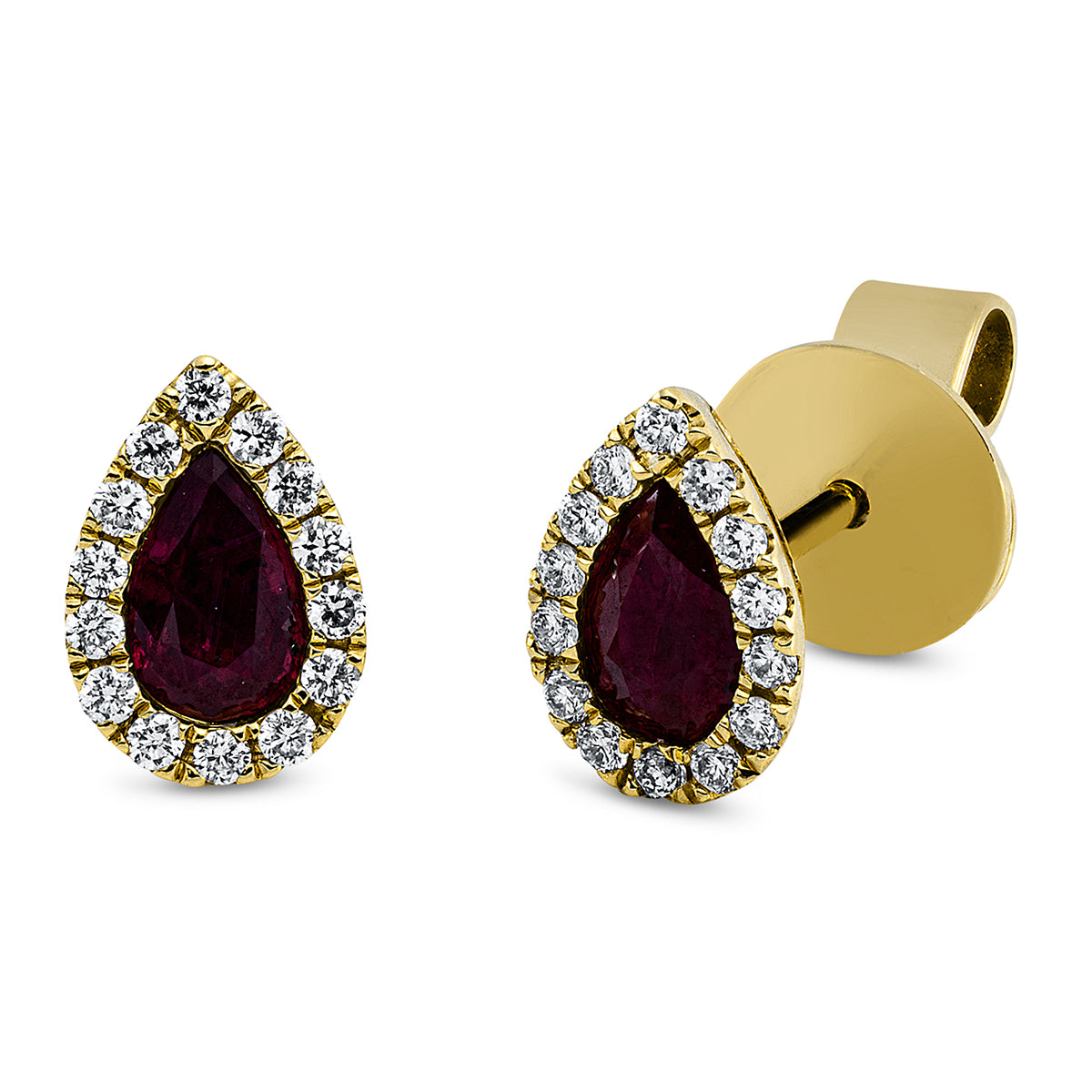 diamond full cut ruby colored stone classic studs in yellow gold