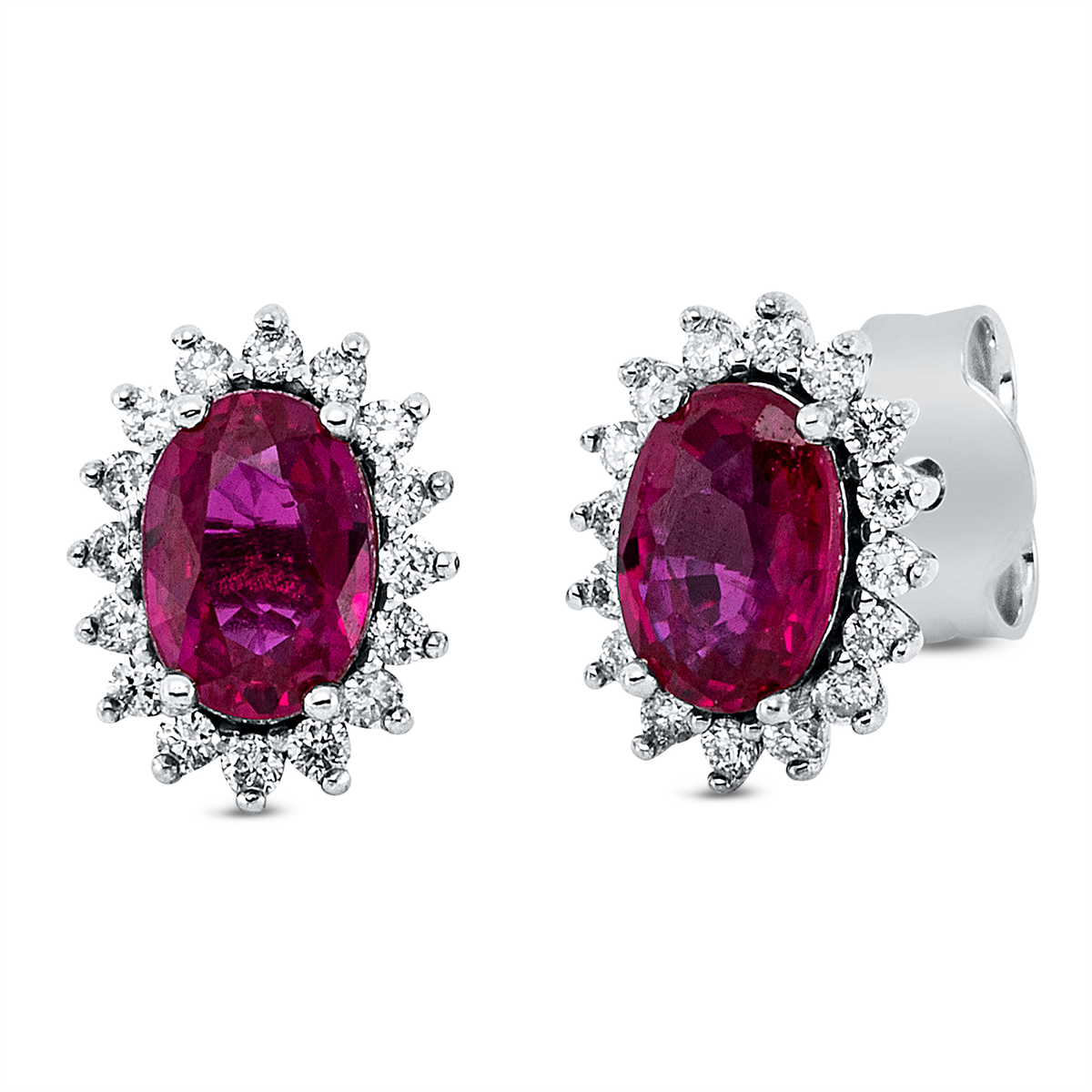diamond full cut ruby colored stone classic studs in white gold