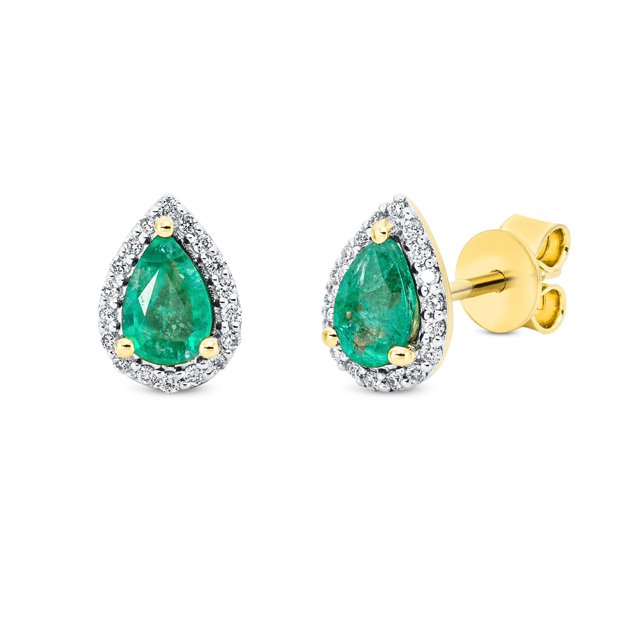 diamond full cut emerald colored stone classic studs in yellow gold