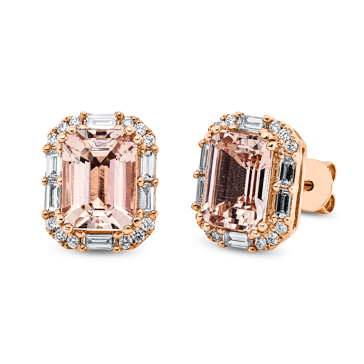 diamond full cut morganite colored stone fashion studs in red gold