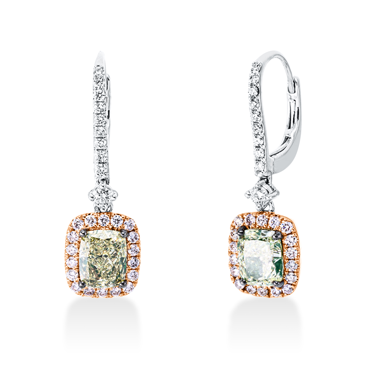 diamond full cut  fancy colored diamond earrings in whitegold / rosegold