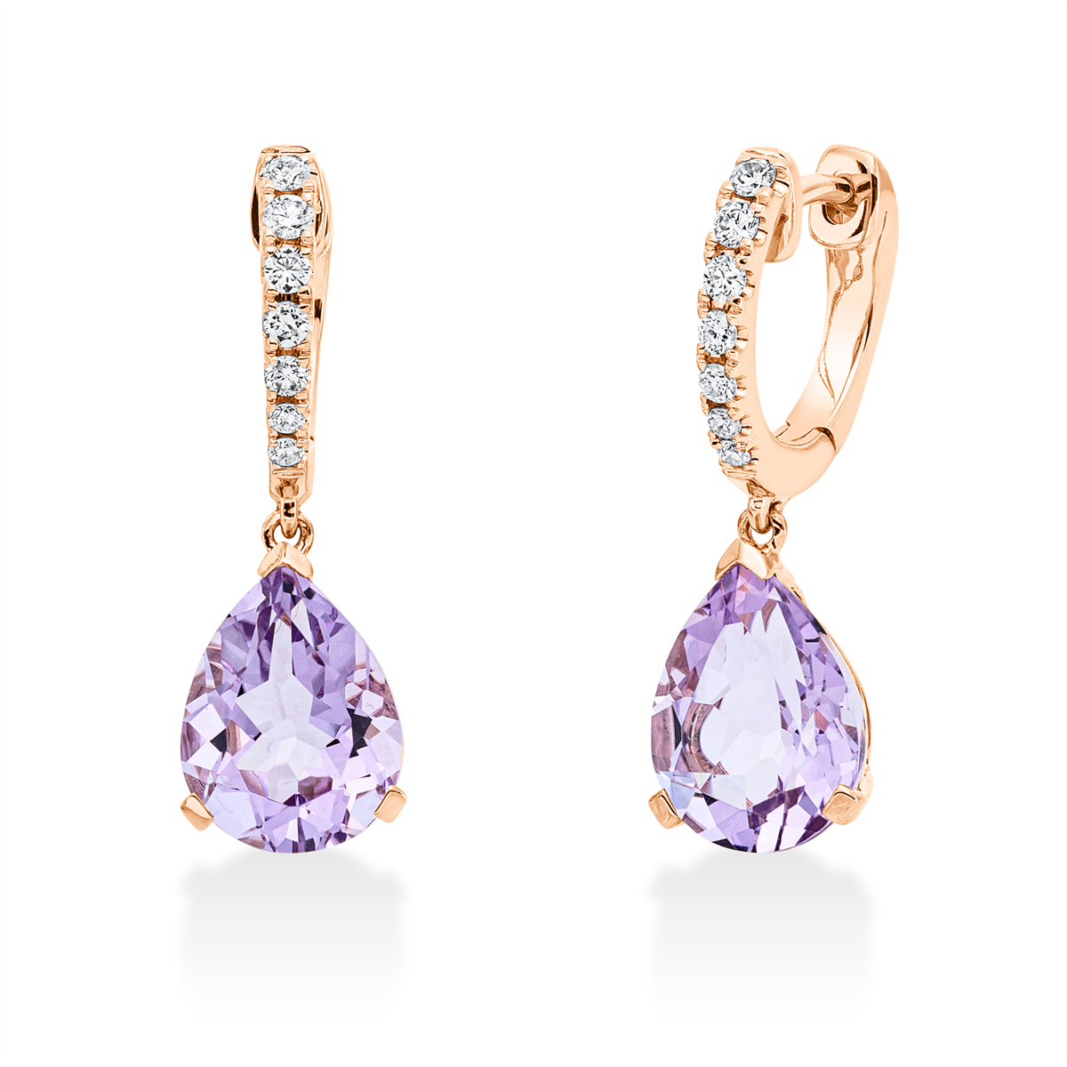 diamond full cut amethyst colored stone fashion earrings in red gold
