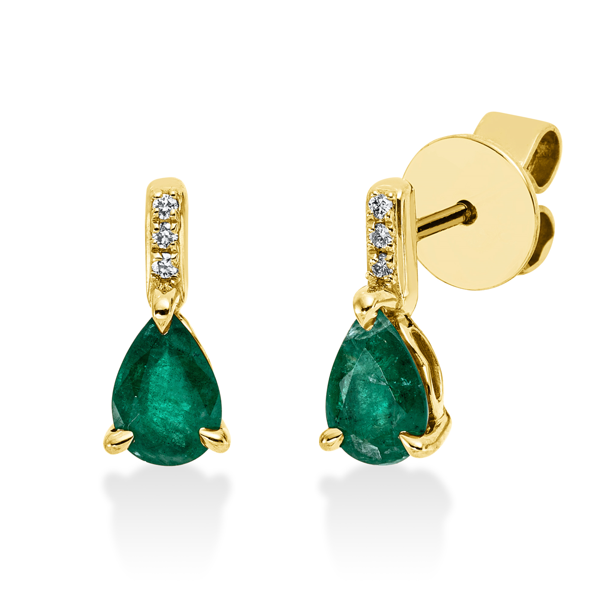 diamond full cut emerald colored stone classic studs in yellow gold