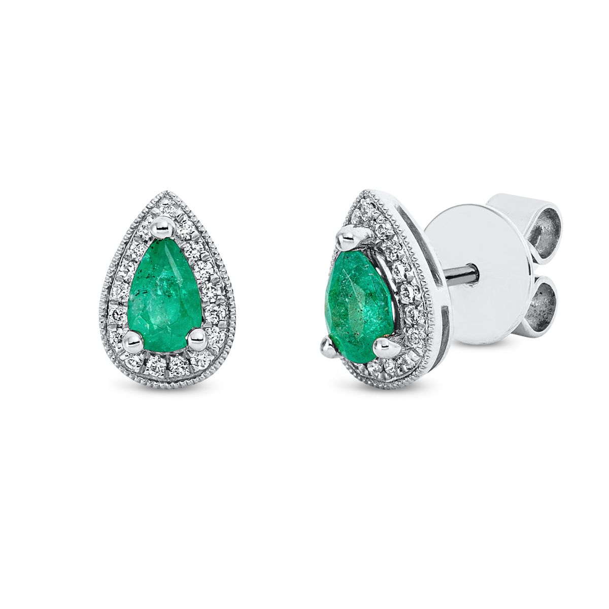 diamond full cut emerald colored stone classic studs in white gold