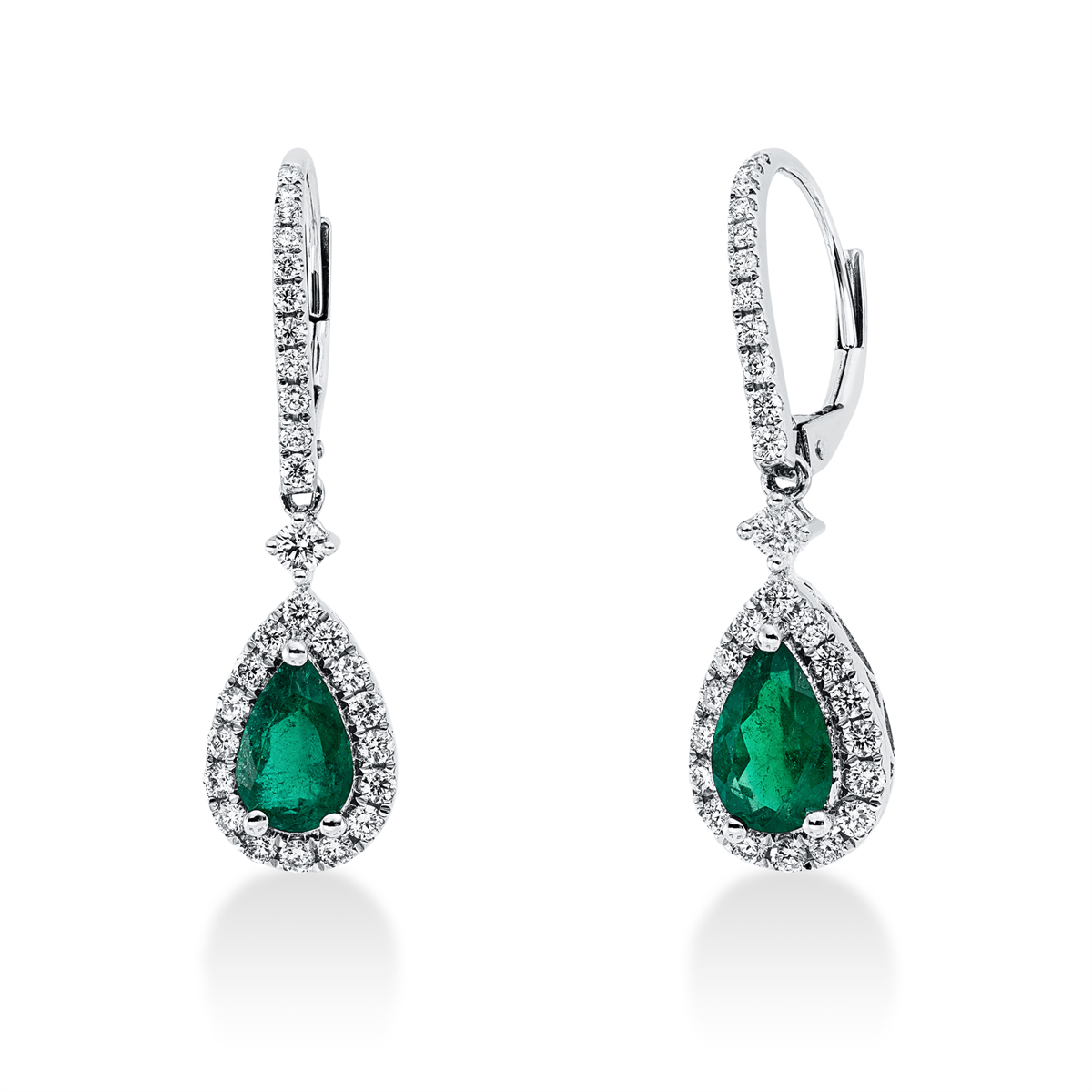 diamond full cut emerald colored stone classic earrings in white gold