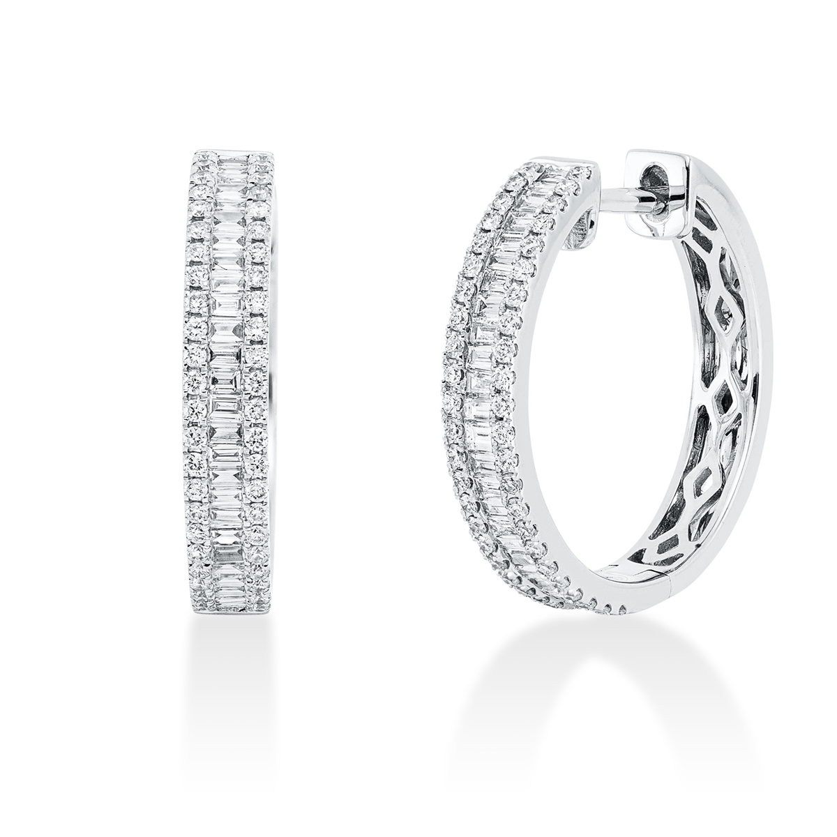 diamond full cut  baguette hoops & huggies in white gold