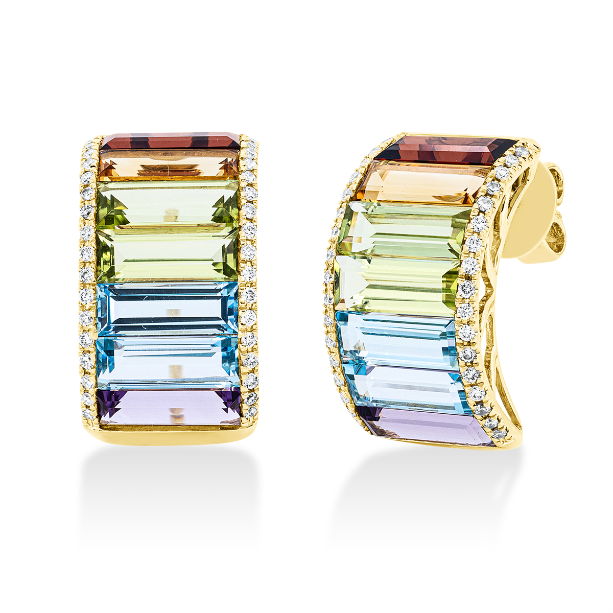diamond full cut amethyst colored stone fashion studs in yellow gold