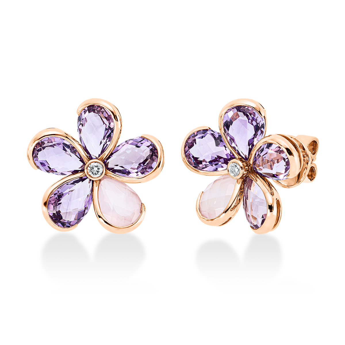 diamond full cut quartz colored stone fashion studs in red gold