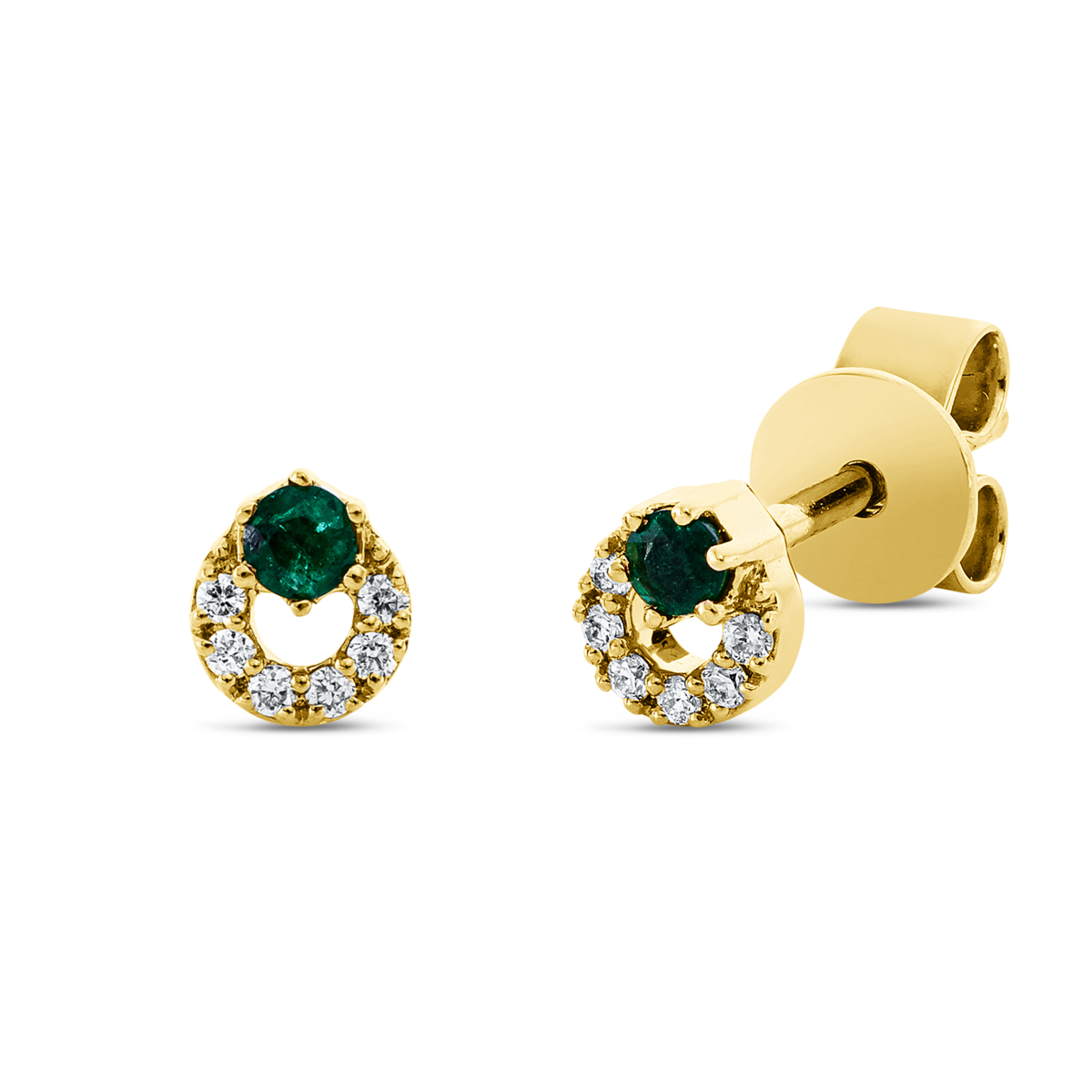 diamond full cut emerald colored stone classic studs in yellow gold