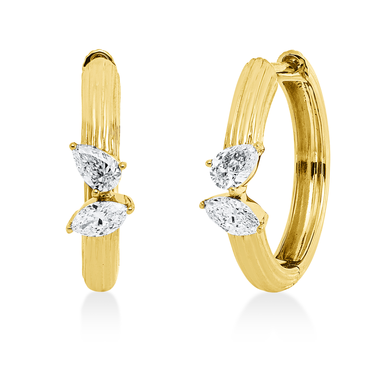 pear shape  modern woman hoops & huggies in yellow gold