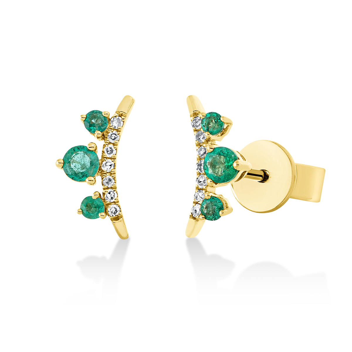 diamond single cut emerald colored stone classic studs in yellow gold