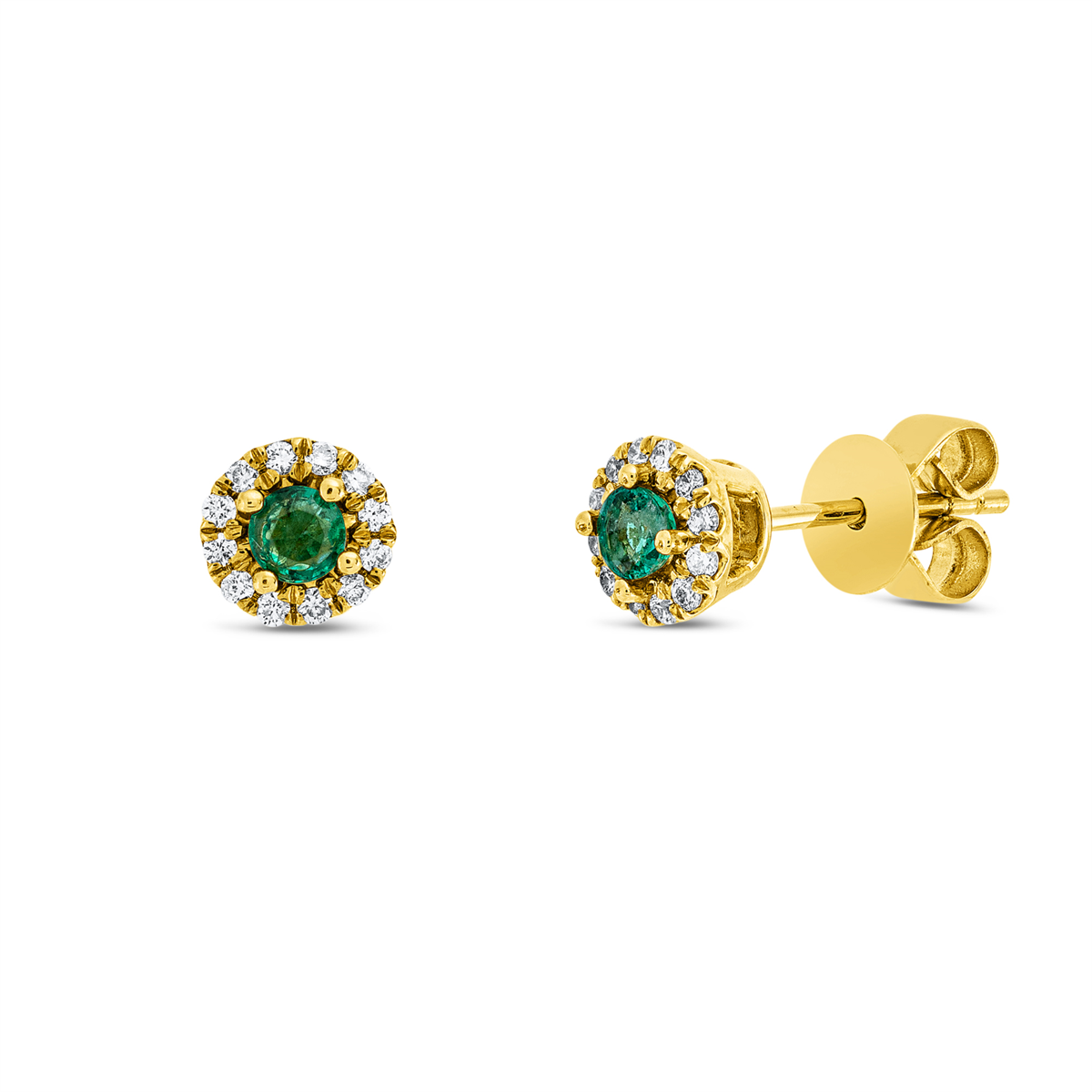 diamond full cut emerald colored stone classic studs in yellow gold