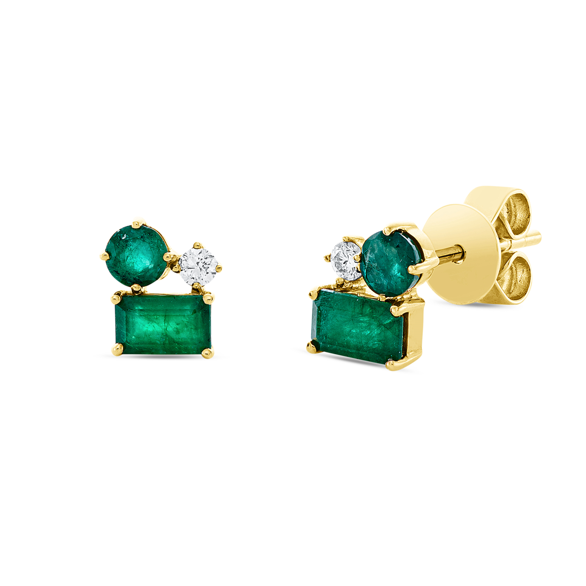 diamond full cut emerald colored stone classic studs in yellow gold