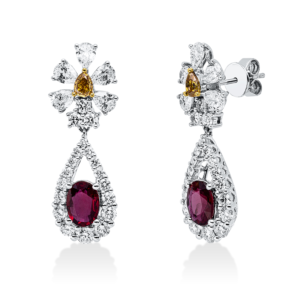 diamond full cut ruby colored stone classic earrings in white gold / yellow gold