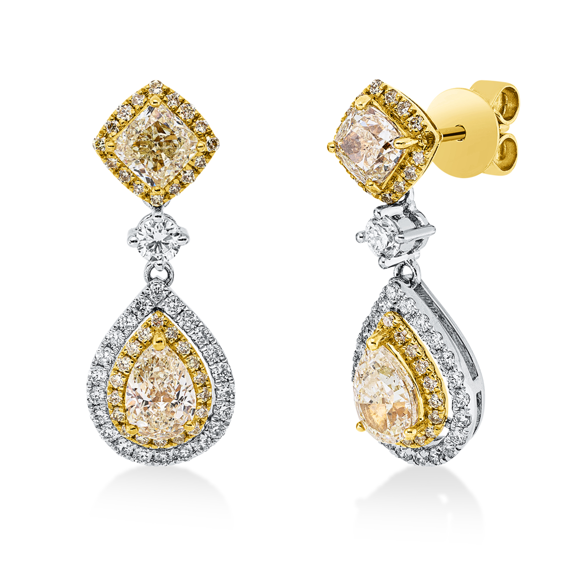diamond full cut  fancy colored diamond earrings in yellow gold / white gold