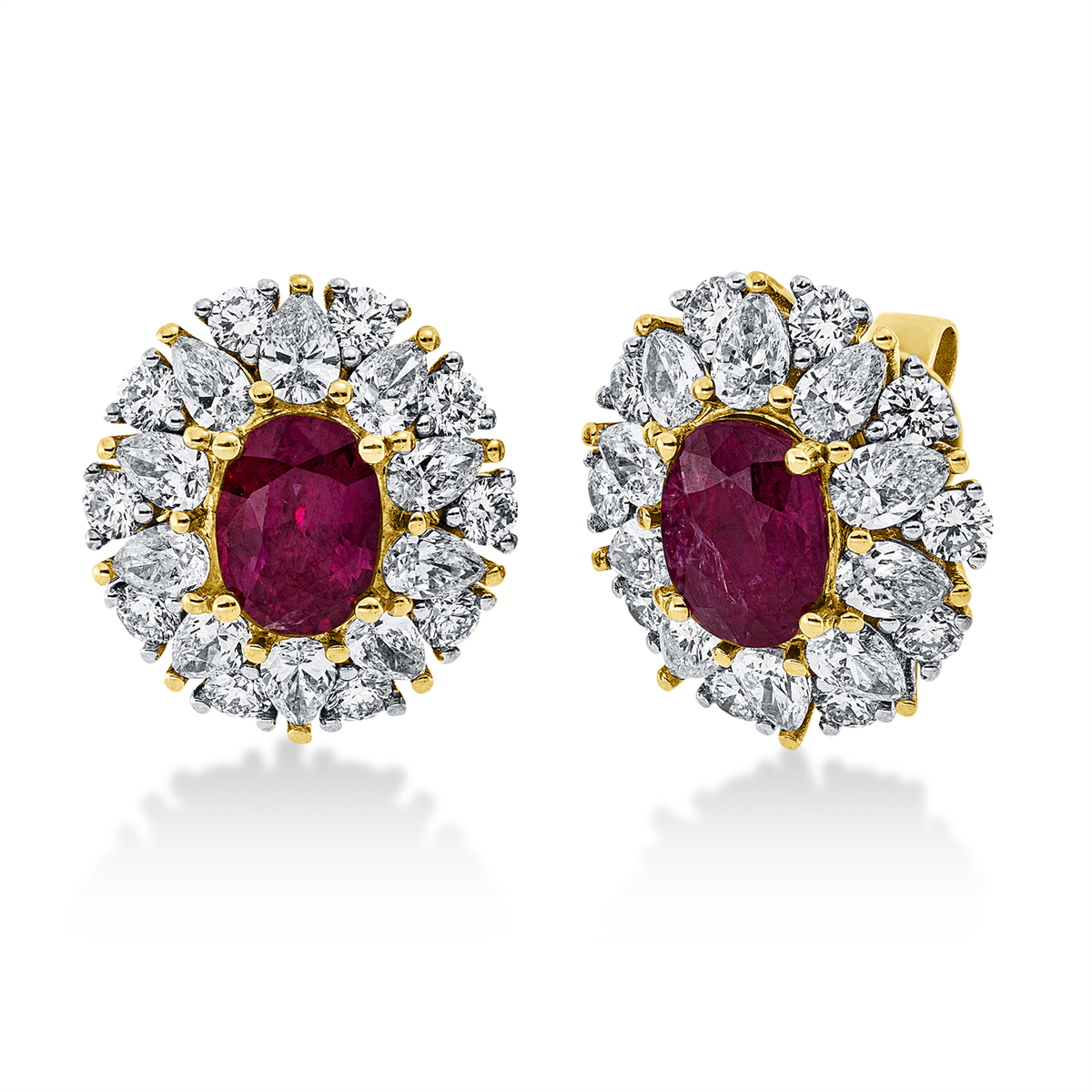diamond full cut ruby colored stone classic studs in yellow gold / white gold
