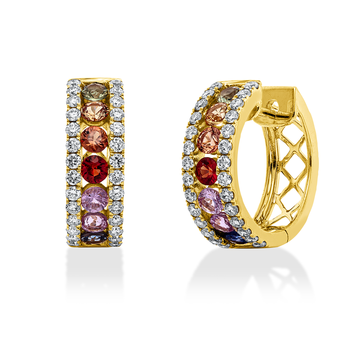 diamond full cut sapphire rainbow & multicolor hoops & huggies in yellow gold