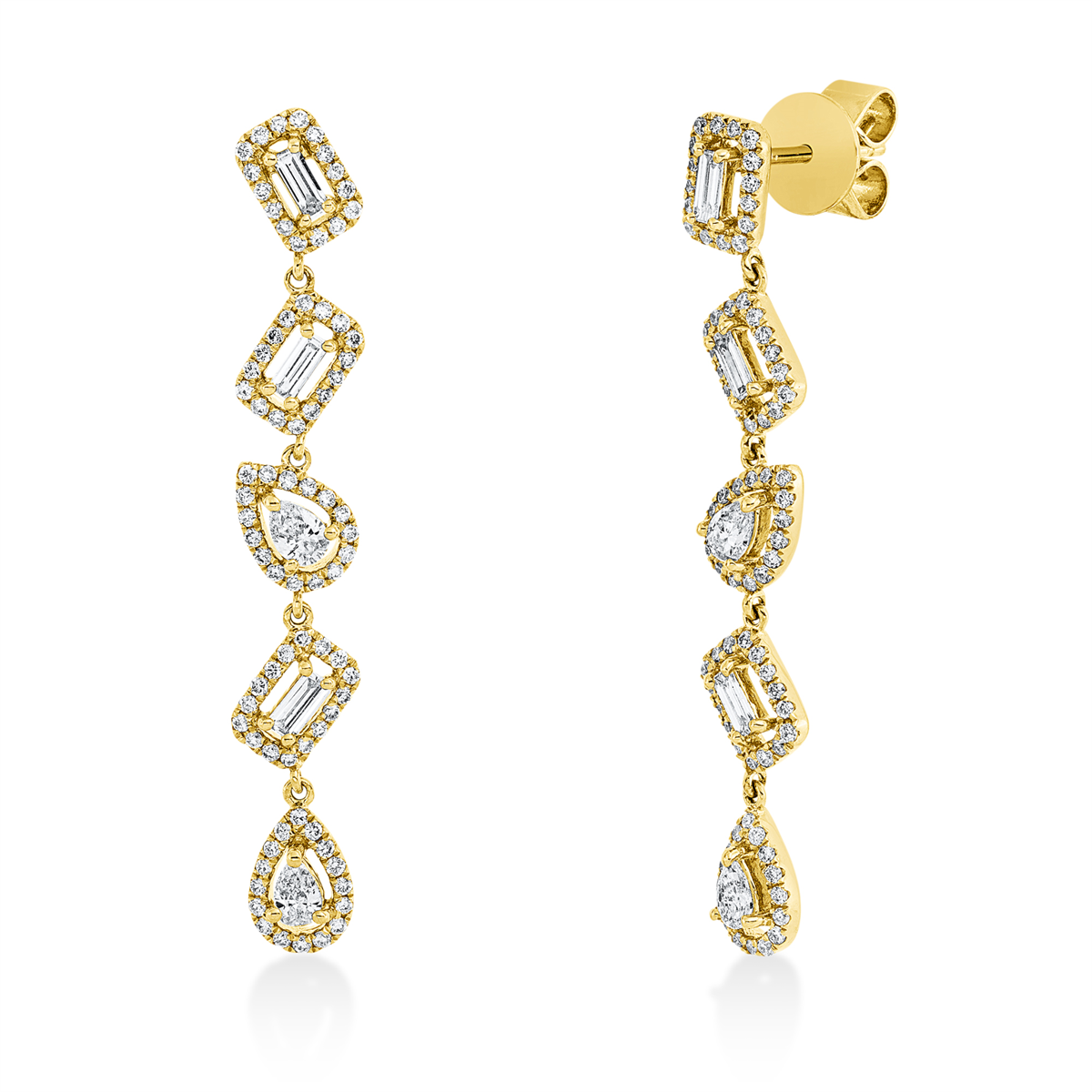 diamond full cut  baguette earrings in yellow gold