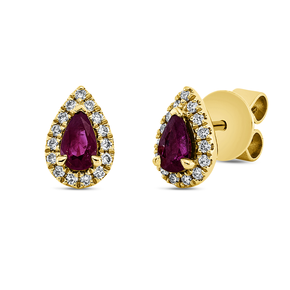 diamond full cut ruby colored stone classic studs in yellow gold