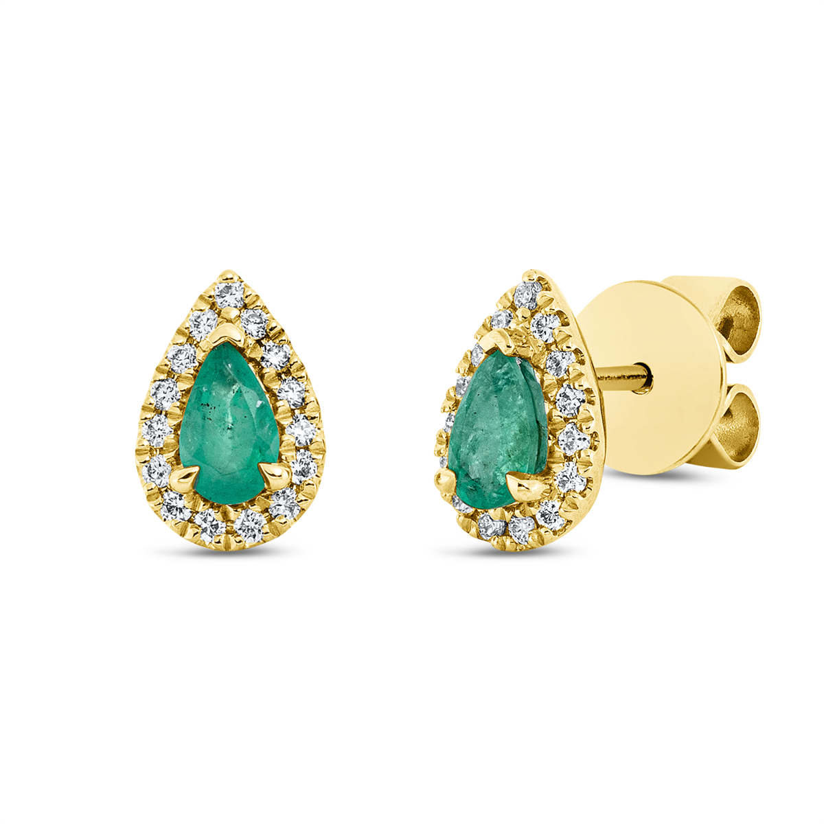 diamond full cut emerald colored stone classic studs in yellow gold