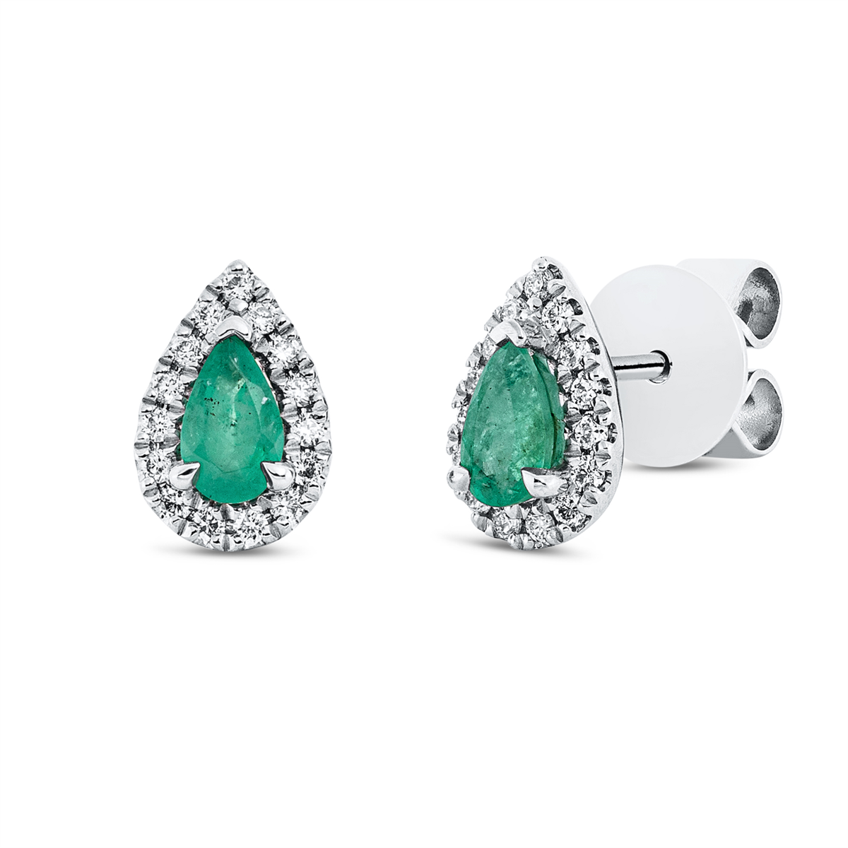 diamond full cut emerald colored stone classic studs in white gold