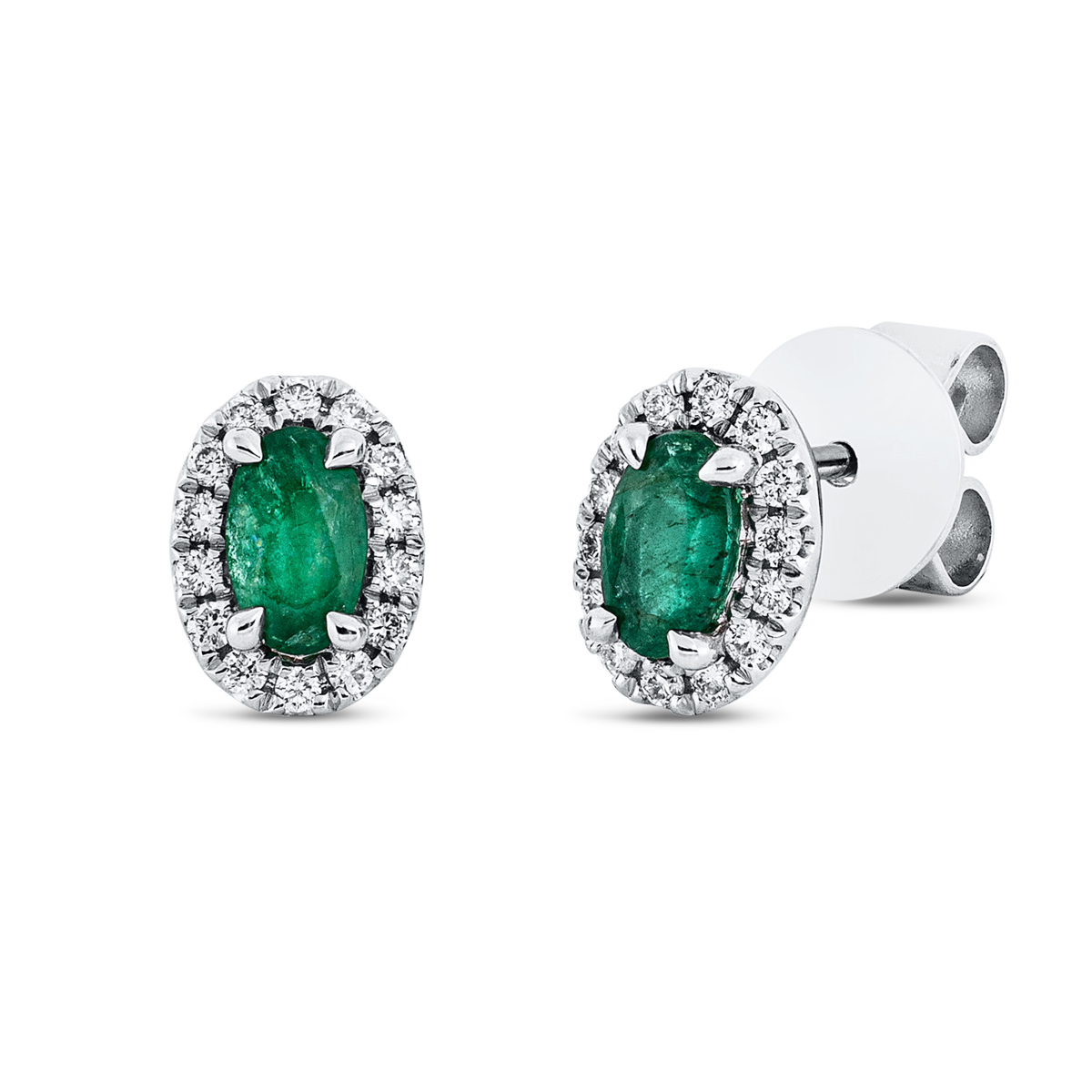 diamond full cut emerald colored stone classic studs in white gold