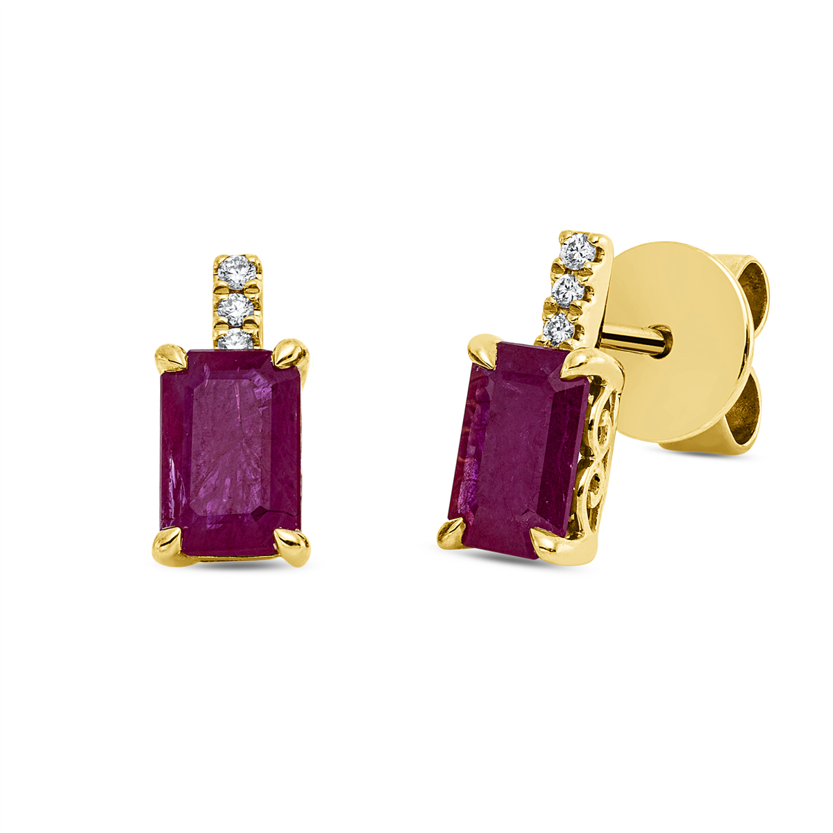 diamond full cut ruby colored stone classic studs in yellow gold
