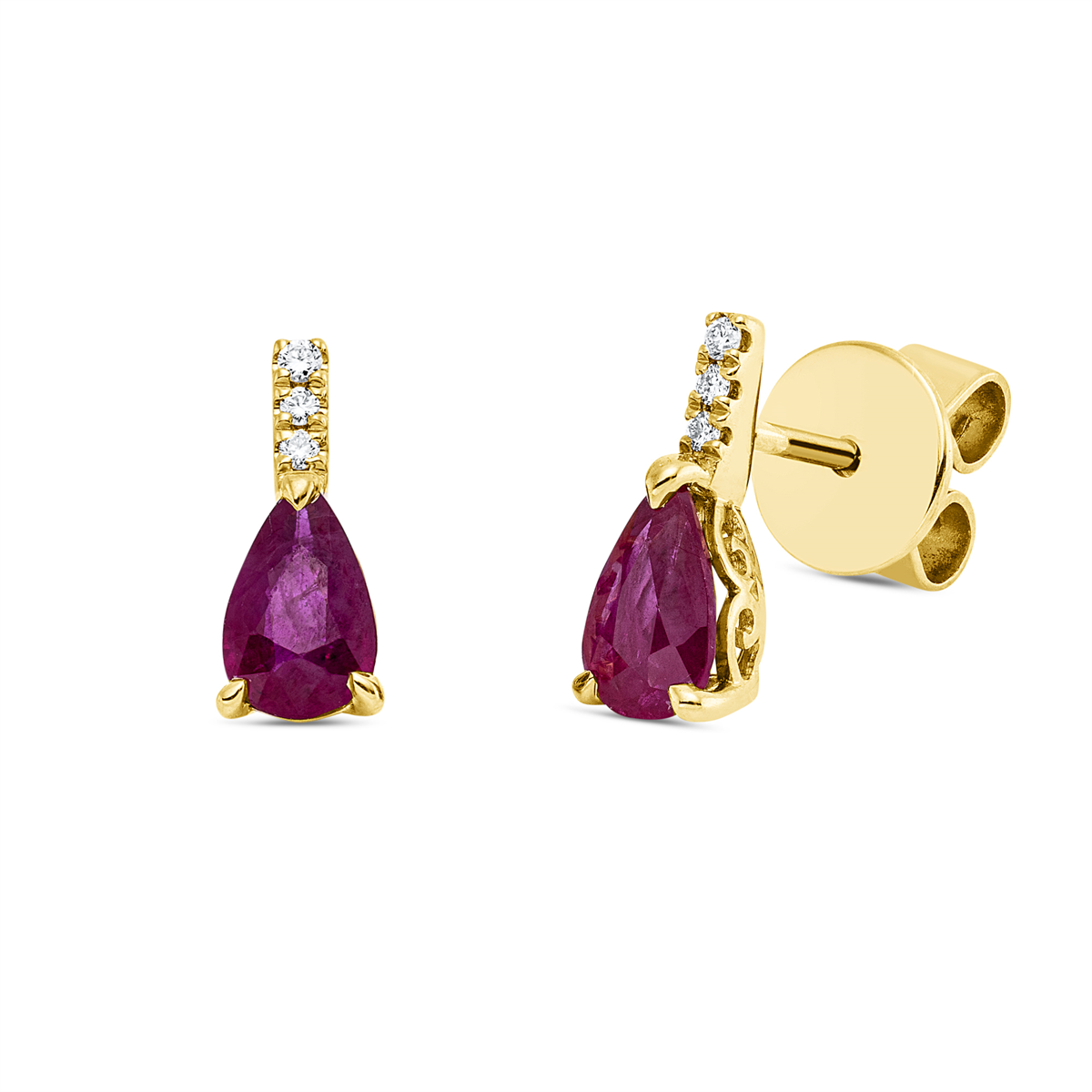diamond full cut ruby colored stone classic studs in yellow gold