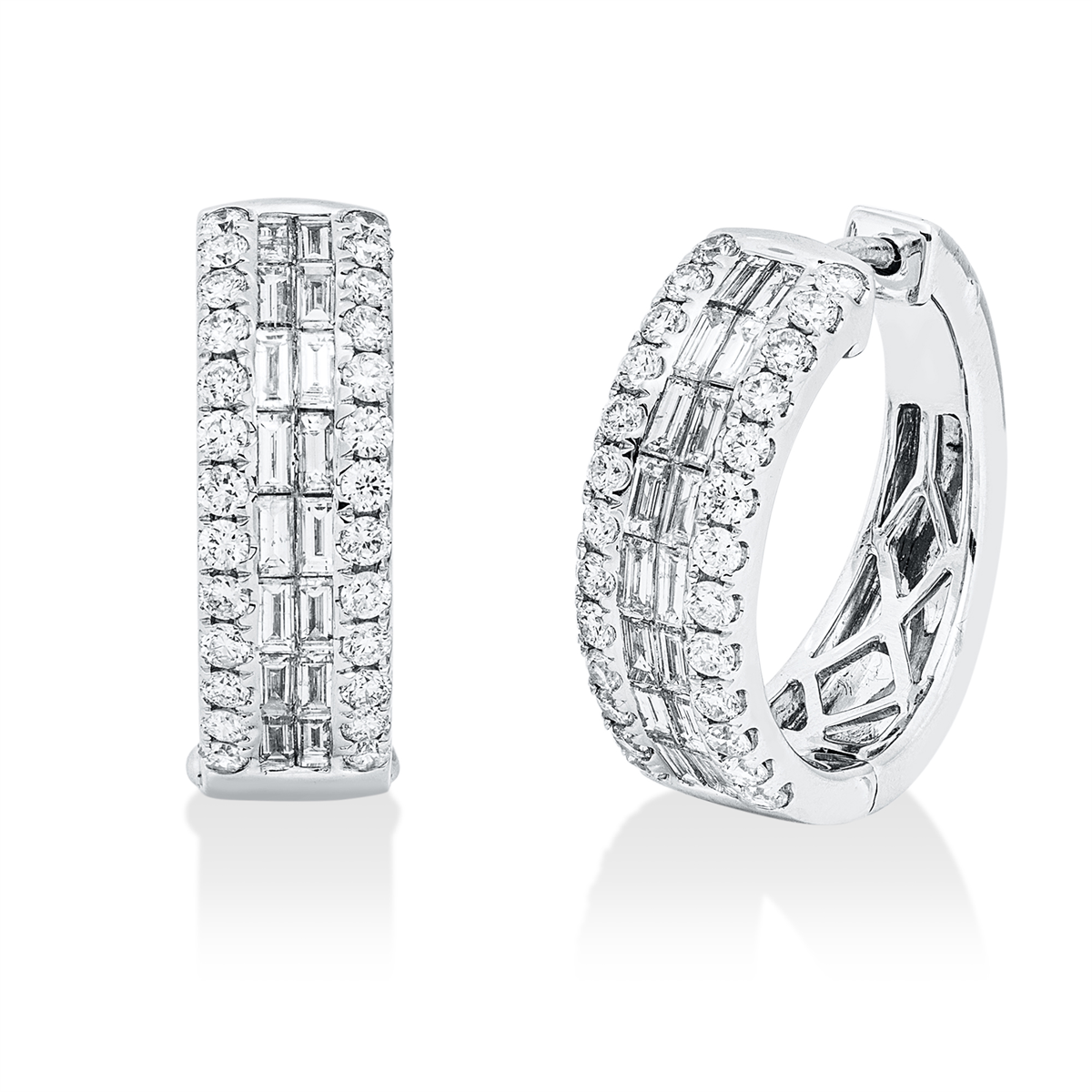 diamond full cut  baguette hoops & huggies in white gold