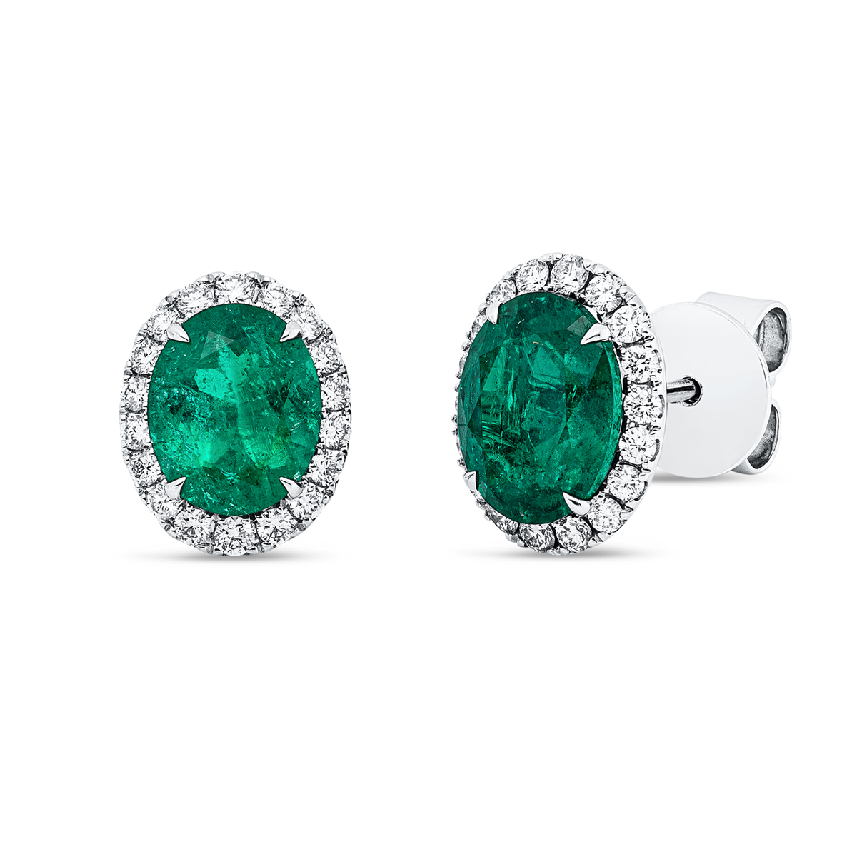 diamond full cut emerald colored stone classic studs in white gold