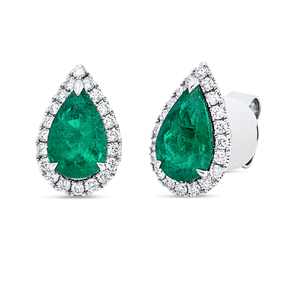 diamond full cut emerald colored stone classic studs in white gold