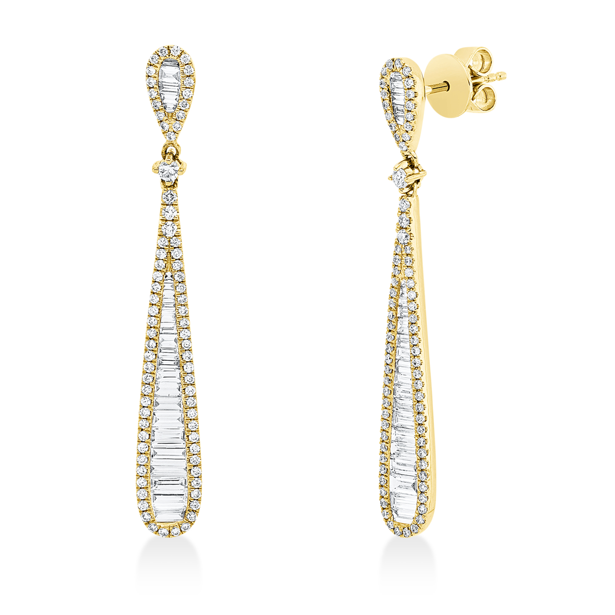 diamond full cut  baguette earrings in yellow gold