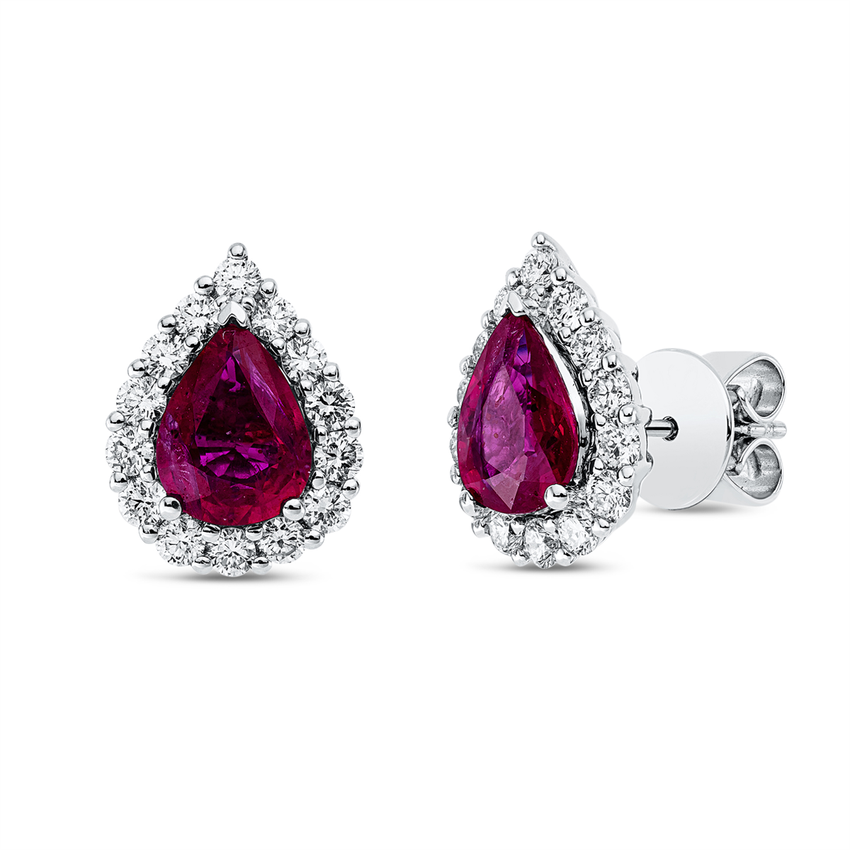 diamond full cut ruby colored stone classic studs in white gold