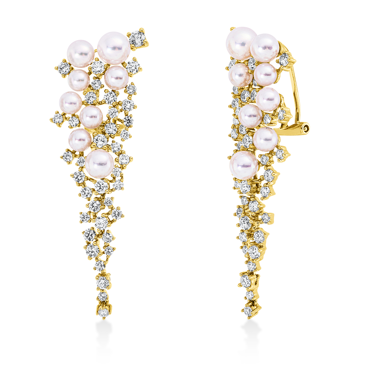 diamond full cut  pearl earrings in yellow gold